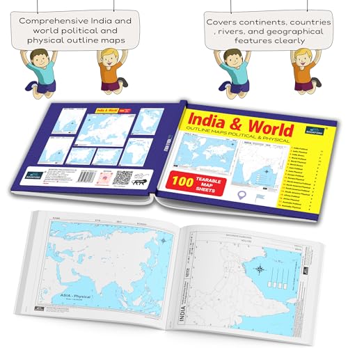 Image of India & World Map Book 100 Outline Maps Tearable Political and Physical Geography Practice Workbook for Boys & Girls children Early Learning Map Book | Outline World Maps Books