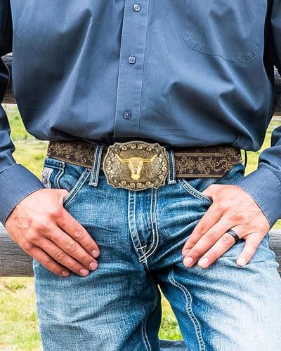 Western Cowboy Belts for Men Women,Western Belt with Bull Buckle, Country Longhorn Bull PU Leather Belt for Jeans4