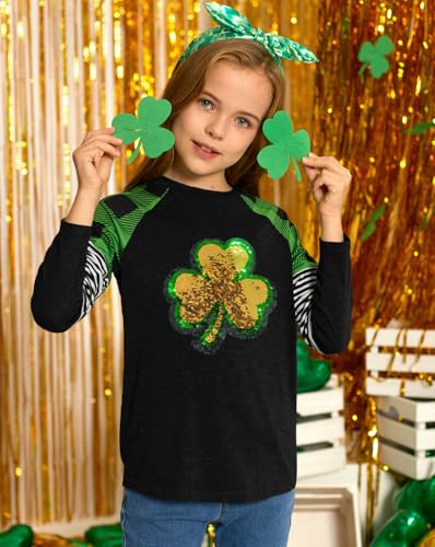 Image of BesserBay Girls St Patrick's Day Raglan Shirt Irish Sequin Lucky Stripe Shamrock Graphic Top 4-14 Years