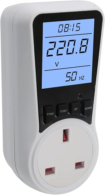 Electricity Usage Monitor,Power Meter Energy Monitor with Backlight LCD Display 7 Monitoring Modes Power Meter, Voltage Amps Wattage KWH Consumption Monitor,Overload Protection, UK Plug