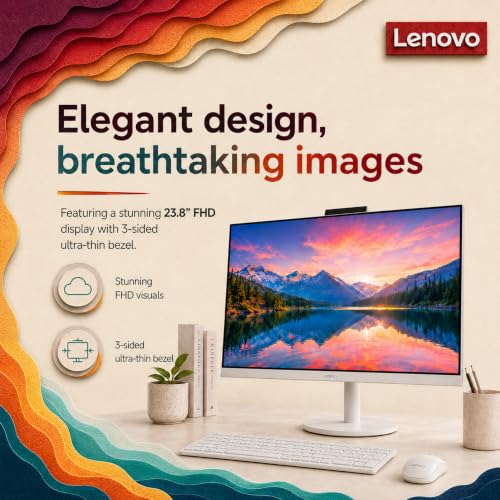 Image of Lenovo IdeaCentre All-in-One Desktop Computer, 24 inch FHD Anti-Glare IPS Display, 32GB RAM, 512GB SSD Storage, Intel 4-Core Processor, Wi-Fi 6, Windows 11 Home, Everyday Use AIO
