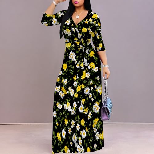 Image of PinkPatty Plus Size Maxi Dress for Women Casual V Neck 3 /4 Sleeve Boho Printed Long Dress with Pockets