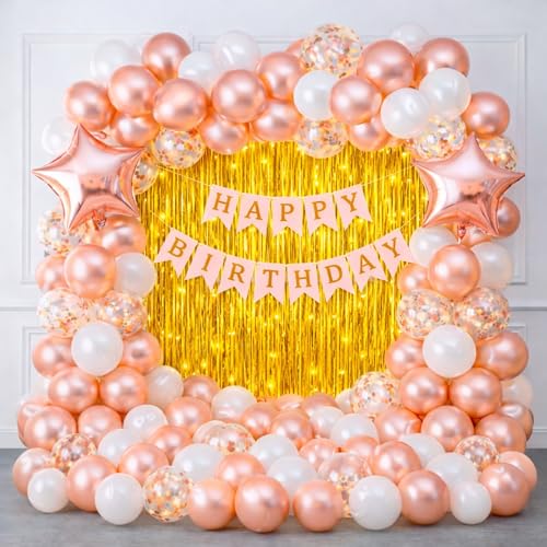 Image of Happy Birthday Decoration Kit for Kids Men Women Tweens Home Terrace Table Year With 30 Pc Rose Gold White Balloons 1 Pc Pink Happy Birthday Paper Banner 1 Pc Golden Foil Curtain Items Set Combo