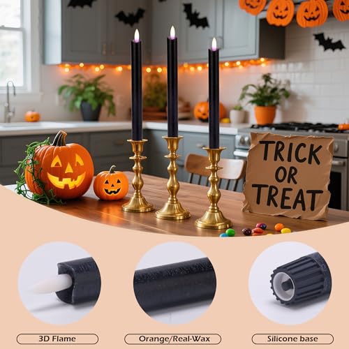 Image of JOIONE Black Flameless Taper Candles with Remote, 3 Pack Halloween Decor | Battery Operated LED, Black Real Wax, Remote Control, Warm Flickering Glow, Safe Halloween Home & Party Decor