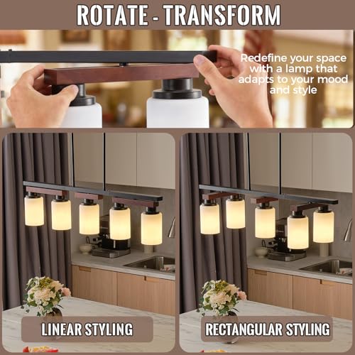 5-Light Kitchen Island Lighting & Farmhouse Dining Room Light Fixtures Over Table, Adjustable Rustic Ceiling Hanging Pendant 36in Linear Chandelier - Rotating Design, Customizable Shapes, Milk Glass by GHCKER - Used condition - Image 2