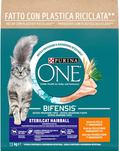 PURINA ONE Bifensis Comida Pienso para gato Esterilizado Pelaje y Bolas de Pelo con Pollo, 6 bolsas de 1,5kg