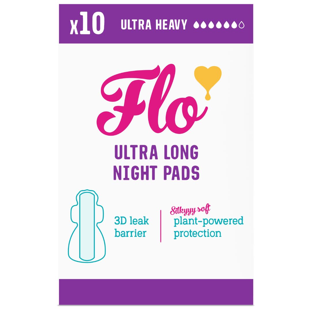 Flo Bamboo Night Period Pads – Ultra Long, Super Absorbent, Soft Sanitary Towels – 4 Wings, Breathable for Super Heavy Flow – 10 CountGlobal Organic Textile StandardGlobal Organic Textile StandardGlobal Organic Textile StandardGlobal Organic Textile Standard