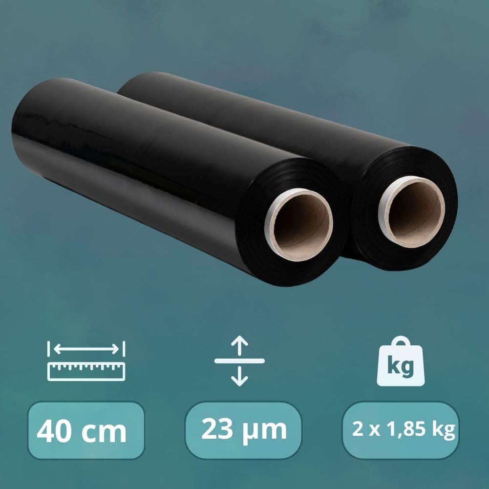 RAGO® Stretchfolie Schwarz 2 Stück I Möbelfolie 300m folie für möbel Hand Stretchfolie rollen I Palettenfolie Handfolie Wickelfolie I Verpackungsmaterial (40 x 9,5 x 9,5 cm) 1,85 kg I 300m Länge