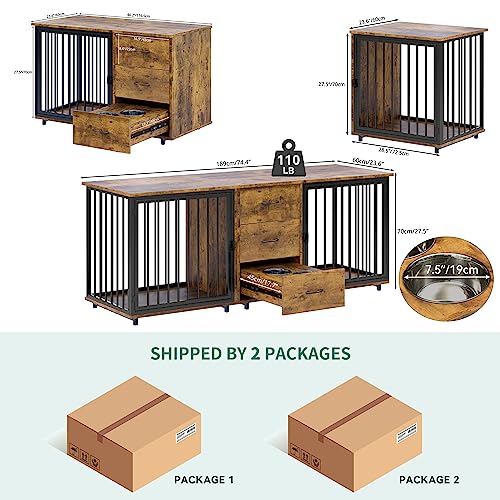 Yitahome Large Double Dog Crate Furniture 74" Inch, Indoor Wooden Dog Kennel Furniture With Dog Feeders Bowls, 2-In-1 Tv Stand, Endtable For 2 Large Medium Dogs, Brown #TOP2