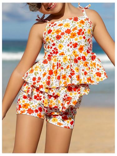 MakeMeChic Girl's Tankini Swimsuit Two Piece Floral Printed Ruffle Tiered Tie Shoulder Bathing Suit3