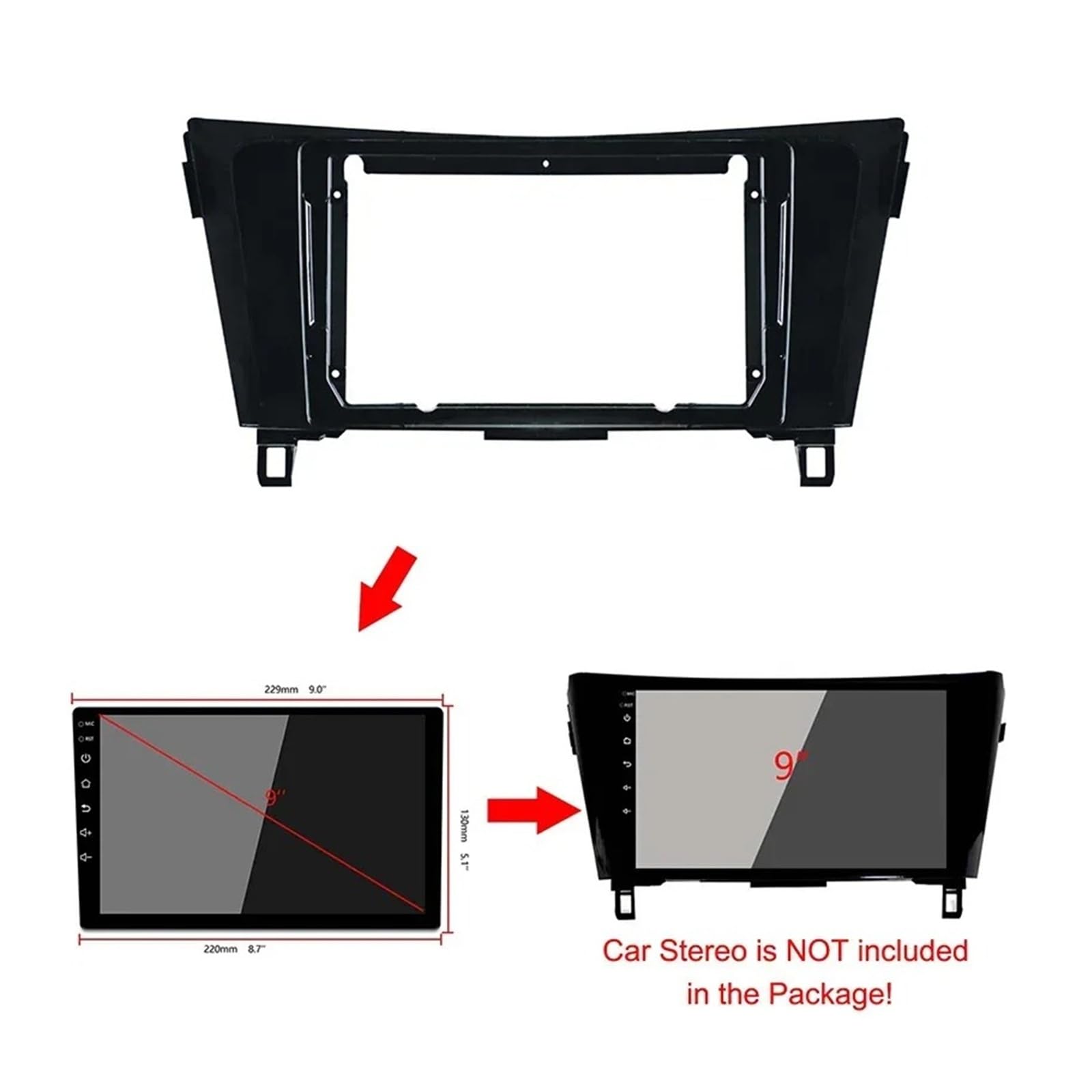 Fascia Marco Panel Salpicadero Coche 9 Pulgadas Montaje Audio Tablero Adaptador Marco Radio para 2din para Nissan para Qashqai para X-Trail 2015-2018 Juego Panel Radio
