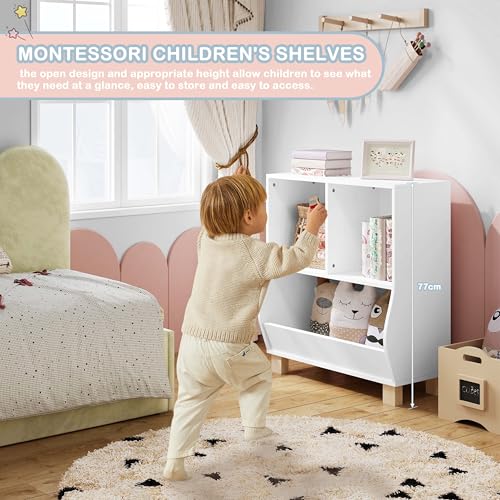 Lestarain Lestarain Bücherregal Kinder, Regal weiß mit 3 Fächern, Montessori Kinderregal, Spielzeugregal mit Holzbeinen, Standregal für Bücher Spielzeug Kinderzimmer, 71,5x77x34,5 cm - Zusatzansicht 4 | Kinderzimmermöbel