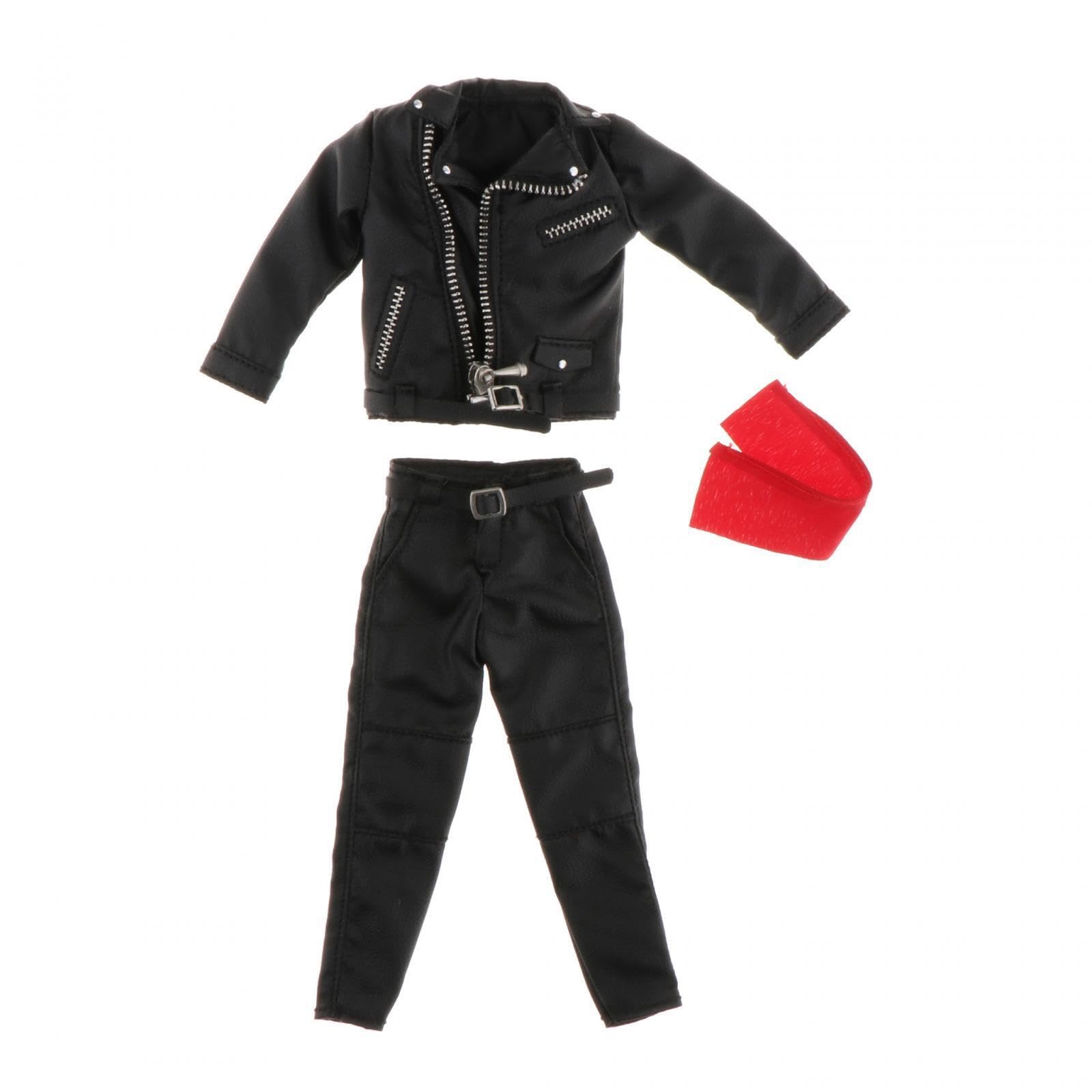 Traje para muñeca en miniatura de 15 cm con pantalón y chaqueta de piel sintética