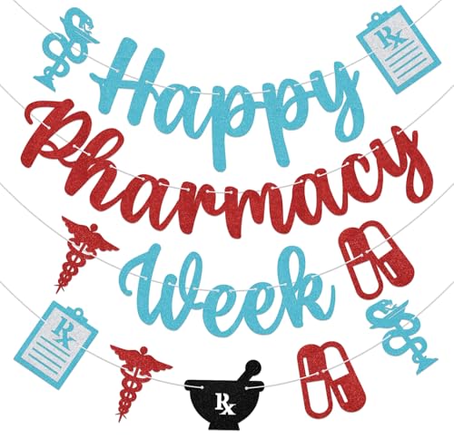 Hzbcxs Happy Pharmacy Week Banner,Happy Pharmacy Party Decorations,Pharmacist Appreciation Week Decor Sign Lake Blue & Red