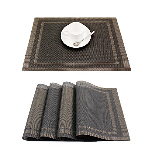 GEFEII Manteles individuales de vinilo tejido resistentes al calor, resistentes a las manchas, antideslizantes, lavables, de PVC, para cocina, cena, fiesta (negro + dorado, 6)