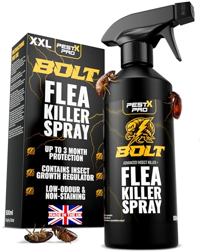 Pest X Pro Bolt Flea Killer Spray 500ml Fast-Acting Permethrin Formula Flea Spray for the Home Carpets Furniture Non-Staining Low Odour Strong Household Flea Treatment and Pest Control