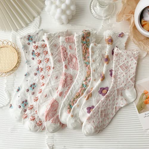 Image of 8 Pairs Cute Flower White Socks Women's Mid-tube Spring and Summer Thin Stockings (8 Pairs Combo)