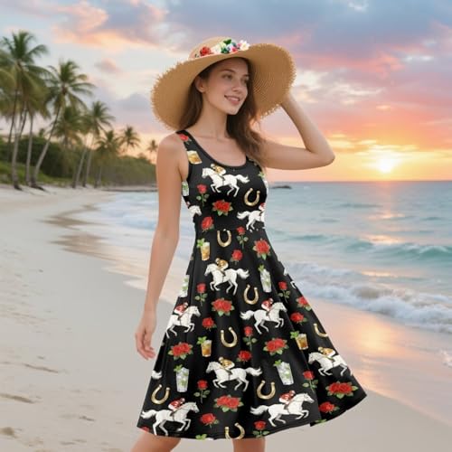 Image of Women's Casual Loose Sundress Midi Sleeveless Crewneck Dress Summer Beach Tank Dress with Pockets