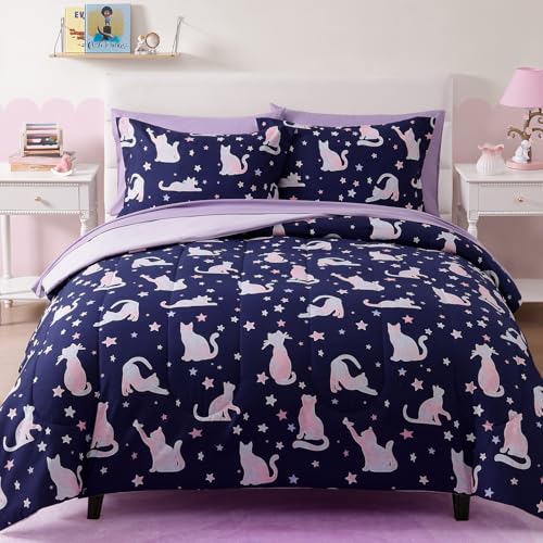 Image of Full Size Comforter Sets for Girls-7 Pieces Cat Glow in the Dark Bedding