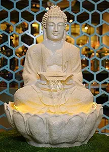 Saraswati Creations Sitting Lotus Statue White Stone Statue (Kamal Buddh) Look Indoor Outdoor Tabletop Water Fountain with Led Lights for Home Decor and Office Decoration Or Gifting (24x13 x12 Inch)