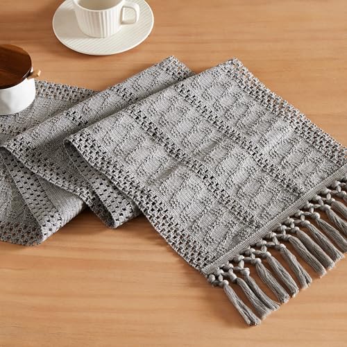 Image of ZeeMart Macrame Style Boho Table Runner, 12x90 Inch Grey | Woven Boho Table Runner with Handmade Tassels, Crochet Hollow Table Scarf, Farmhouse Kitchen Home Decor Dresser Runner