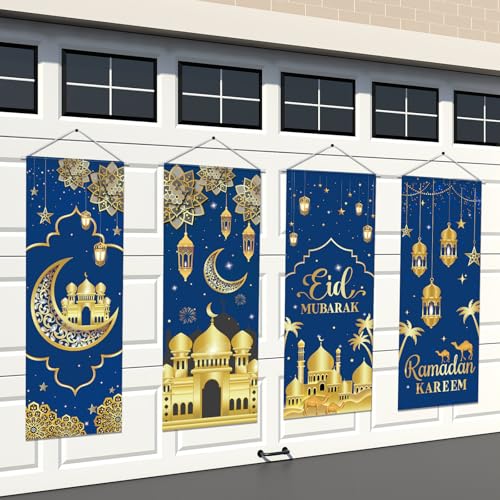 Image of Panelee 4 Pcs Ramadan Mubarak Porch Sign Banners Blue Gold Eid Mubarak Decorations Muslim Ramadan Kareem Door Banner Backdrop for Home Doorway Indoor Outdoor Wall Hanging Decor