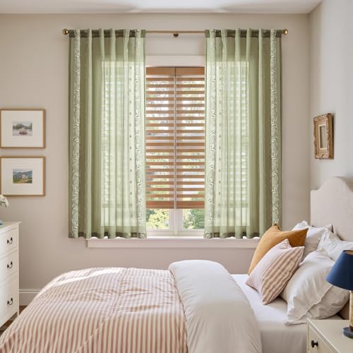 Image of jinchan Winslow Sheer Curtains 63 Inch Length for Bedroom Bordered Floral Pattern Decorations Short Curtains for Windows Light Filtering Window Treatments, 50 inch x 63 inch, Ivory on Sage, 2 Panels