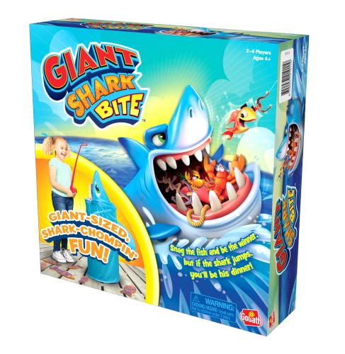 Pressman Goliath Giant Shark Bite Game - Snag Fish from Shark Before He Jumps Up - Jumps Nearly 3 Feet - Ages 4 and Up, 2-4 Players, Blue Light, Small