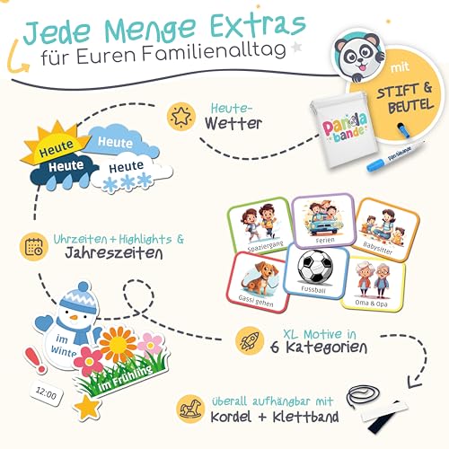 »PANDABANDE« XL Wochenplaner Kinder [300 Magnete, XL Box, Routinen] - Montessori Spielzeug ab 3 Jahre - Ideal zum Wochentage Lernen, Kinderkalender