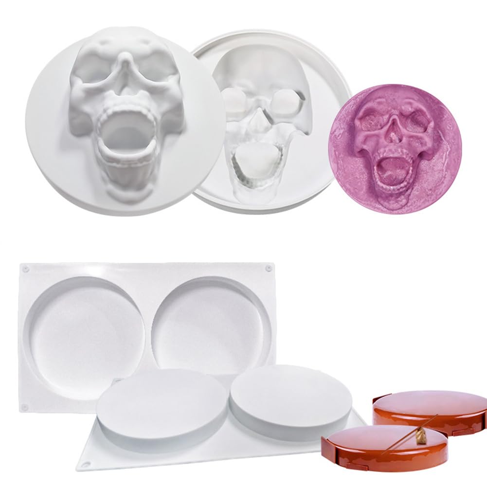 TOPBSFARNY 2 PCS 3D Skull Large Round Mousse Chocolate Cream Mousse Mold DIY Chocolate Pudding Soap Aromatherapy DIY Halloween Surprise Organ Molds