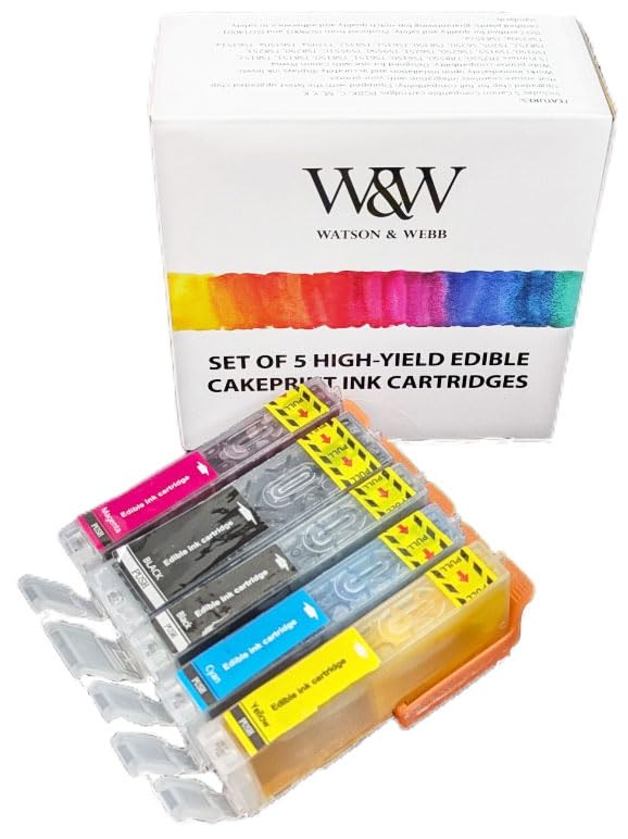 Watson & Webb Edible Ink Cartridge Set; 5 Food-Grade Colours; for Canon TS705/TS705a; PG-580 CLI-581; Cupcake Toppers, Cakes, Cookies, Printing, Pre-filled, Non-refillable, Vegan-Compatible