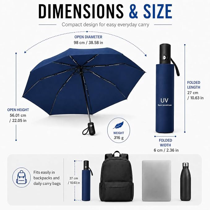 Image of Auto Open Umbrella with Carabiner Hook Handle - 3 Fold Compact Travel Umbrella for Men & Women | Double Fibreglass Wind Resistant Frame | UV Coated Sun & Rain Protection
