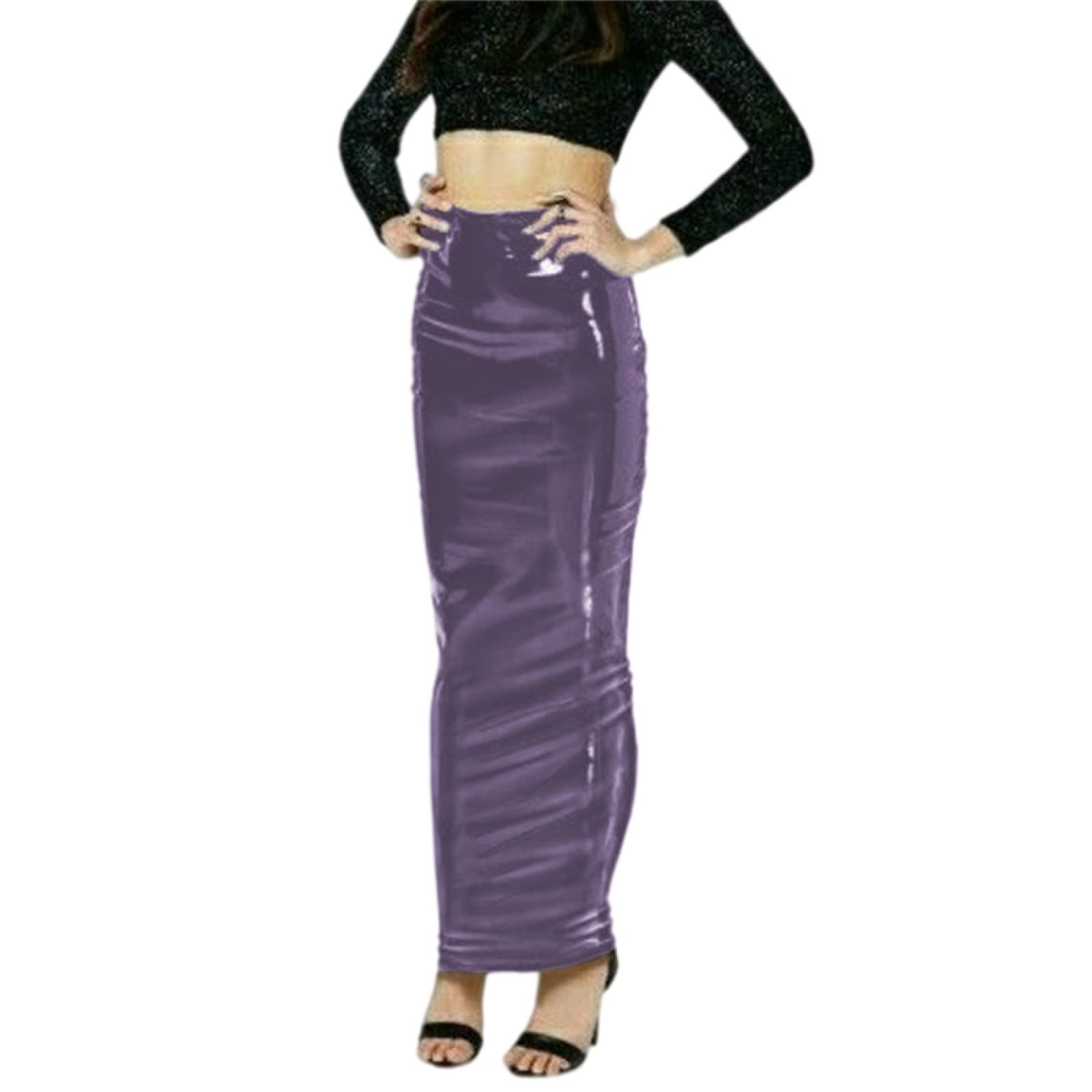 Jupes en latex pour femme - Taille haute - En cuir synthétique brillant - En PVC, Violet foncé, 3X-Large