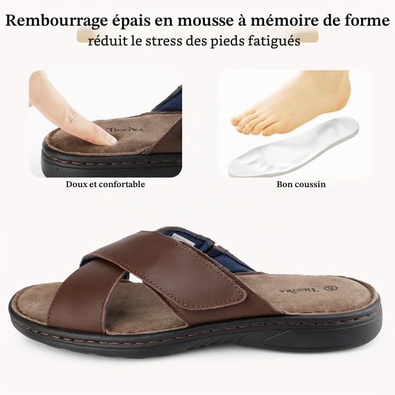 TIESTRA Hommes Cuir Sandales en Magic Collant Peep Toe Pantoufles été Doux Loisirs Antidérapant Semelle en Caoutchouc Plage Extérieur