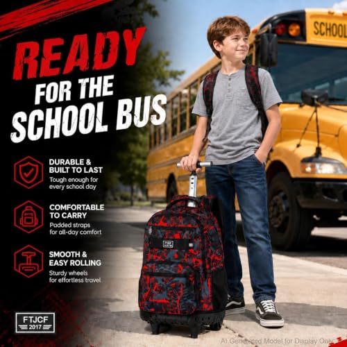 Image of 3Pcs Rolling Backpack for Boys, 19 Inche Adults Roller Bag with Wheels, Graffiti Wheeled Bookbag Set for Men(Red)