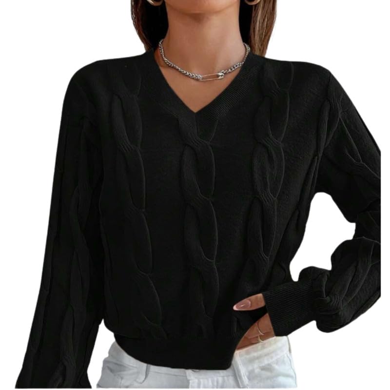 Women's V-Neck Knitted Pullover Sweater with Long Sleeves in Soft Imitation Velvet