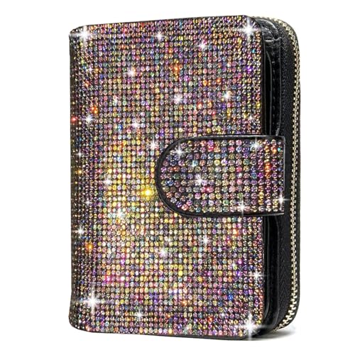 Small Wallet Women Bling Rhinestone RFID Blocking Bifold Compact Card Holder Wallet for Women with Zipper Credit Card holder (Colored diamond)