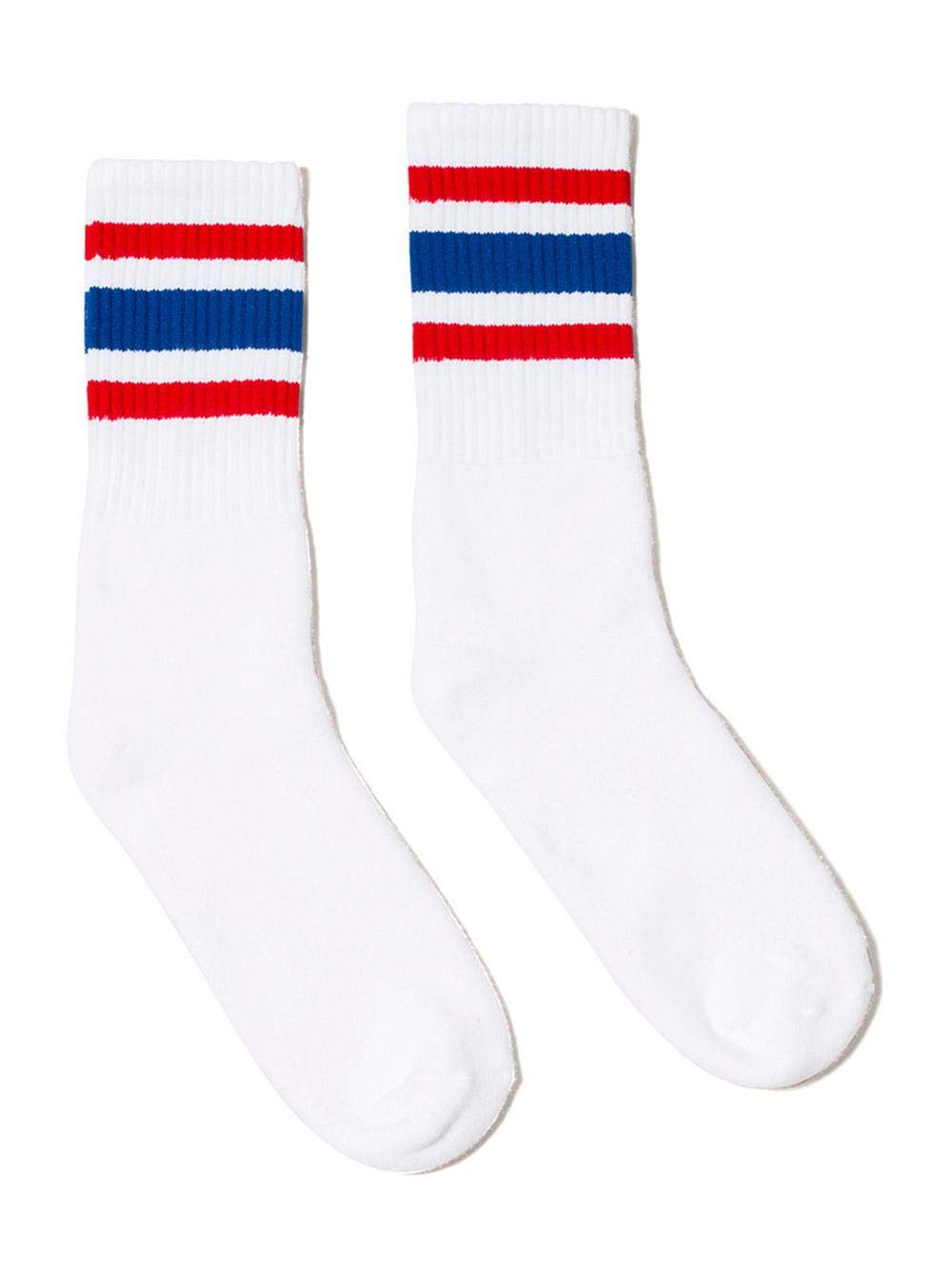 SOCCOAll American White Crew Socks | Red and Blue Striped | Made in USA | One Pair (S/M, Men's 6-9)
