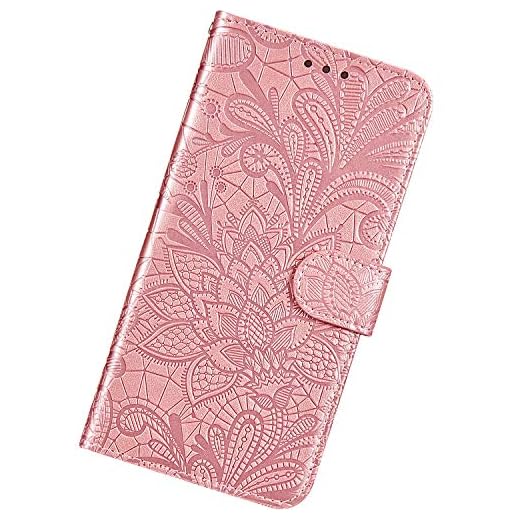 Urhause Kompatibel med Huawei Honor 8A, ultra slim präglat läderfodral skyddande spetsband mönster med stativfunktion kort slot magnetlås lina stötsäkert mobilskal, roséguld