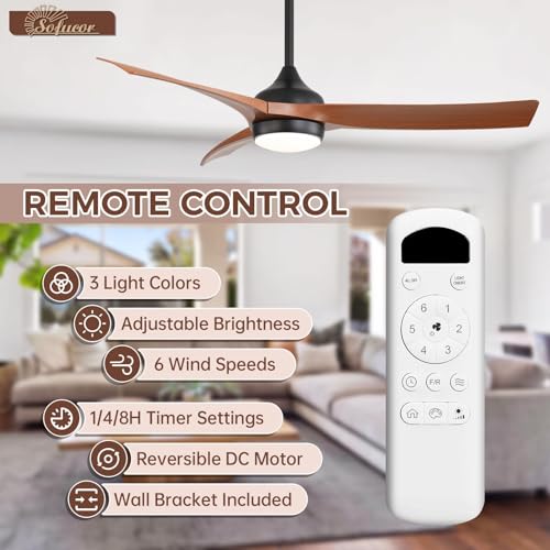Image of Sofucor 52 Inch Modern Ceiling Fan with Light, Brown 3 ABS Blades | Remote Control Compatible, Reversible Quiet DC Motor, Timer, 6 Speeds, 3-CCT for Living Room Bedroom Patio Farmhouse