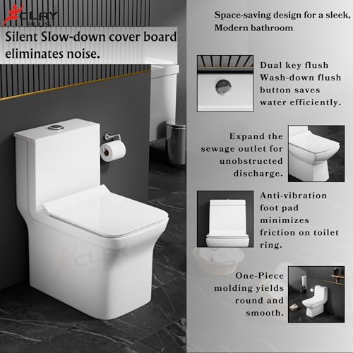 Image of Clay Plus Premium P-Trap Rimless Ceramic Western Toilet for Bathroom, Hotel, Hospital, Lavoratory, One-Piece Floor Mounted Water Closet with Soft Close Seat Cover for Home & Bathroom