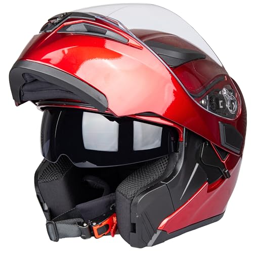 Motorcycle Helmet, Full Face Dual Visor Sun Shield Flip Up Modular Motocross ECE Approved Helmets (Red, X-Large)