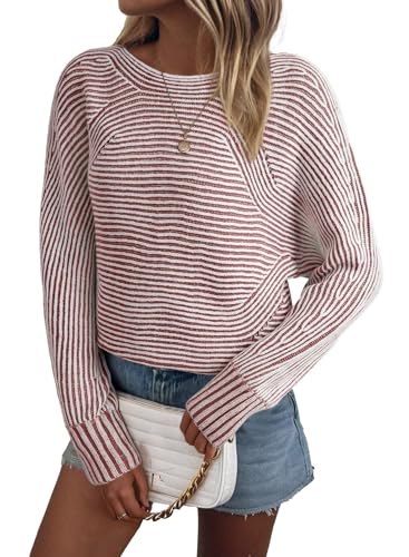 Image of EVALESS Striped Sweaters for Women Boat Neck Batwing Sleeve Oversized Pullover Sweater Tops Womens Fall Clothes Outfits