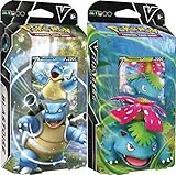 El Pokémon TCG: V Battle Deck Bundle —Venusaur & Blastoise incluye 2 mazos de batalla en V listos para jugar (60 cartas cada uno) con cada baraja incluyendo un potente Pokémon: Venusaur V o Blastoise V