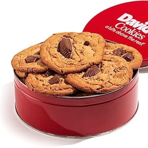 David’s Cookies Peanut Butter Chunk Fresh-Baked Decadent Cookie Gift Basket Tin — Luscious Large Peanut Butter Cookies With No Added Preservatives — All-Natural Cookies — Ideal Gift for Corporate Birthday Fathers Mothers Day Get Well and Other Special Occasions – 2 lb (8 Cookies)