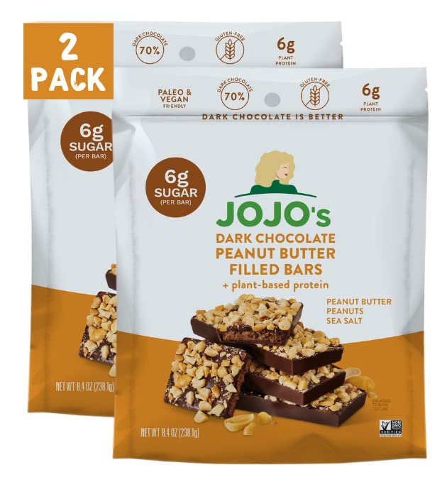 JOJO's Dark Chocolate Bars Peanut Butter Filled + Plant-Based Protein, Low Sugar, Low Carb, Vegan, Paleo & Keto Friendly, Healthy Snack, 8.4oz Bags, 2 Count (14 Bars)