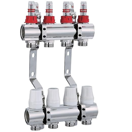 AQUA HEATING Distribuidor De Circuitos De Calefacción Para Suelo Radiante De Latón Niquelado 4 Circuitos De Calefacción 1 Pulgada 10 Bar