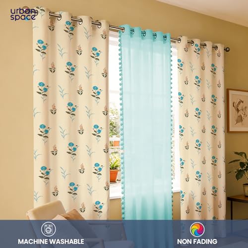 Image of Urban Space Printed 100% Cotton Curtain for Door, Cotton & Sheer Combo Set of 3 Curtains 7 Feet Long, Tieback & Eyelets Included with Curtains for Room Darkening (Coneflower Blue & Aqua pom pom)