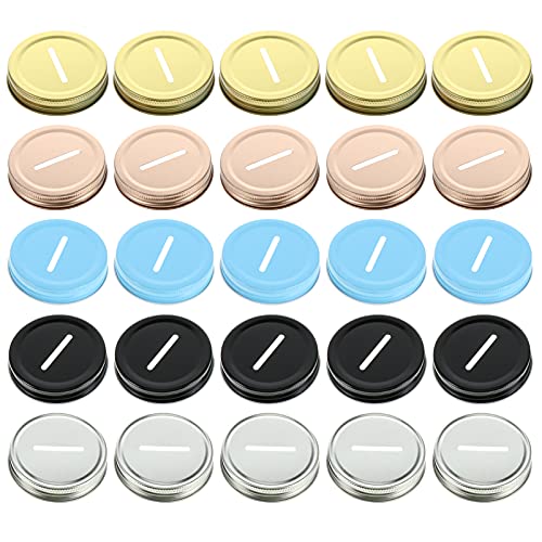 25pcs Slot Bank Lids Stainless Steel Piggy Bank Lid for Regular Mouth Ball, Canning Money Saving Jar 70mm (6 Clors)