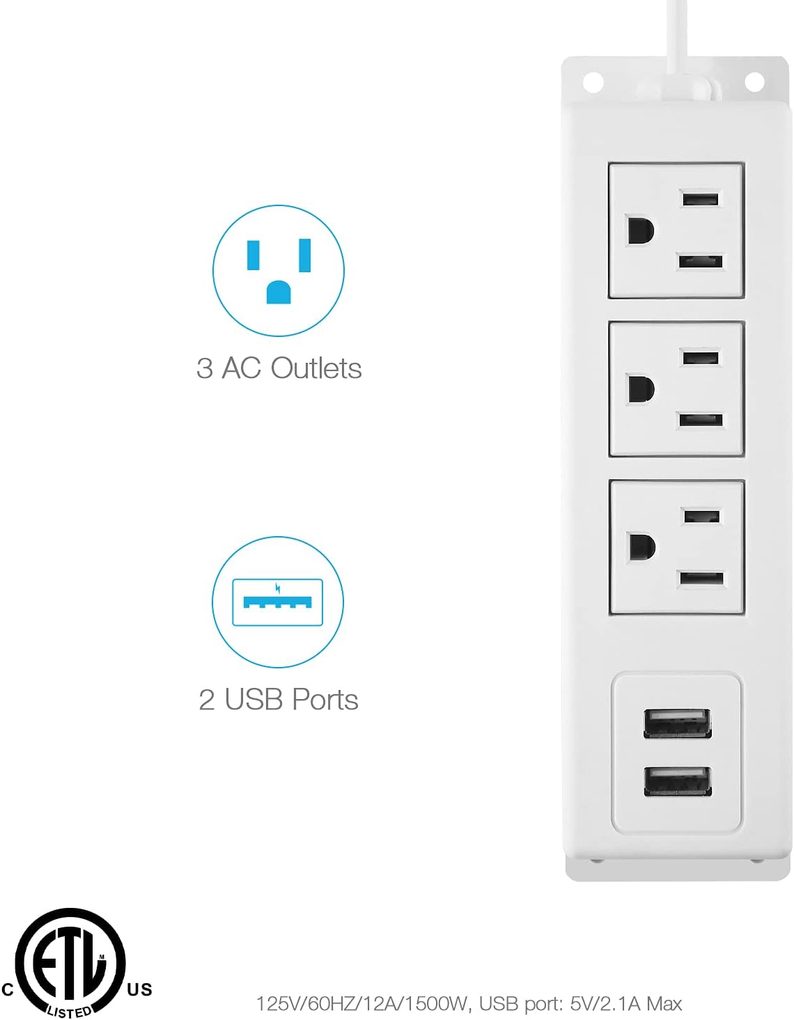 CCCEI 3 Outlets Wall Mount Power Outlet Strip with USB, Under Desk Power Strip Mountable Flat Plug, Desk Mount Power Strip with 6FT Power Cord.